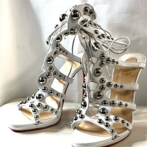 Christian Louboutin White Leather Studded Lace Up Sandals